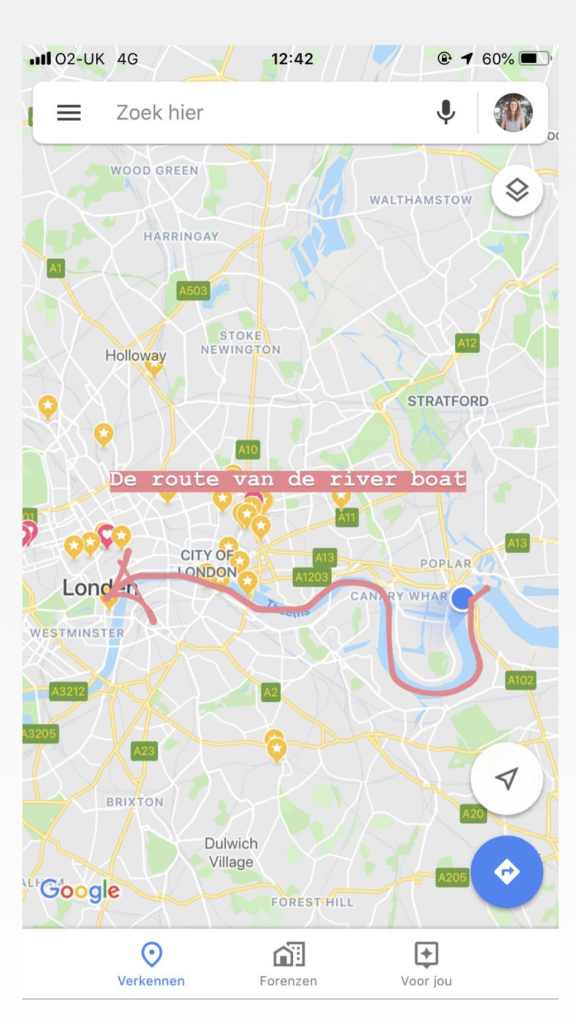 De route van de river bus in Londen