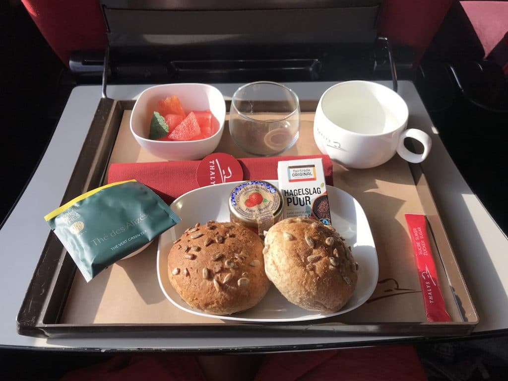 De maaltijd aan boord van de Thalys 1e klas Premium naar Parijs