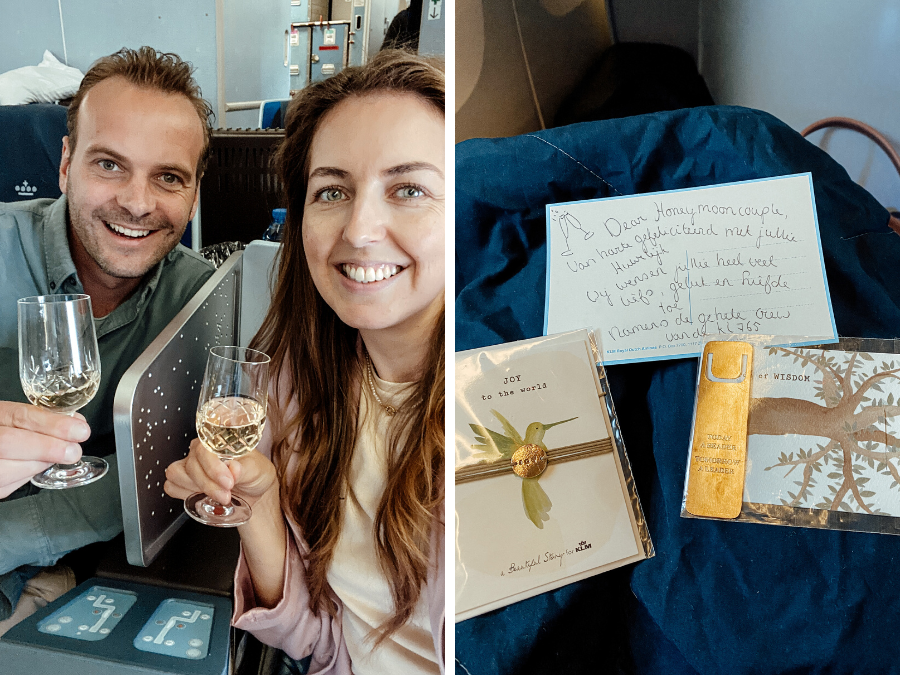 Champagne en cadeautjes van KLM op onze huwelijksreis
